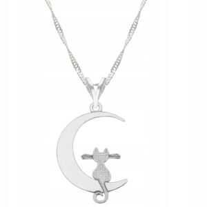 Naszyjnik damski LAREZO ze srebra 925 - łańcuszek z wisiorkiem kotka na księżycu, elegancki prezent talizman