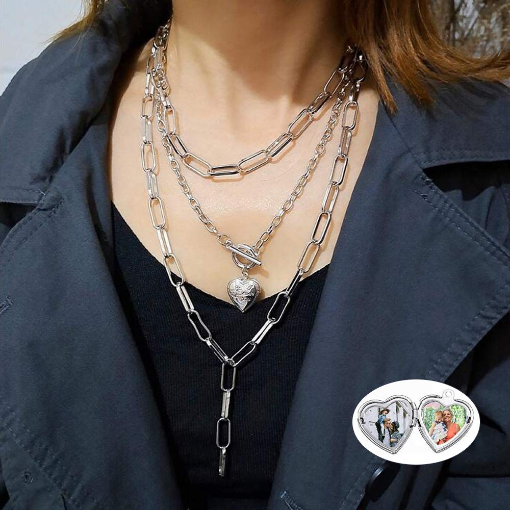 Stylowy zestaw 8 naszyjników punkowych dla kobiet - wielowarstwowy design z kłódką i blokadą - obrazek 2