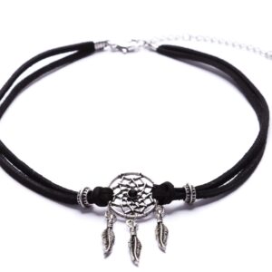 Boho Dreamcatcher Pendant Necklace - Silver Black Faux Leather - Stoneless Women's Jewelry by Happiness Boutique