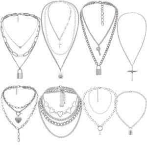 Stylowy zestaw 8 naszyjników punkowych dla kobiet - wielowarstwowy design z kłódką i blokadą
