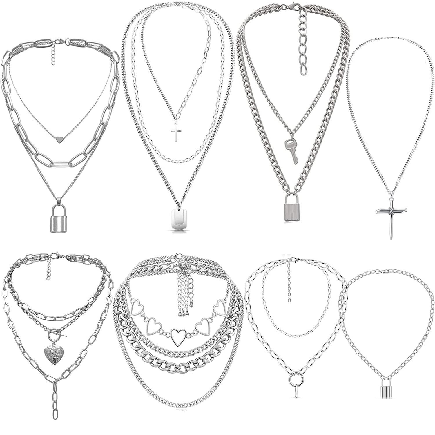 Stylowy zestaw 8 naszyjników punkowych dla kobiet - wielowarstwowy design z kłódką i blokadą