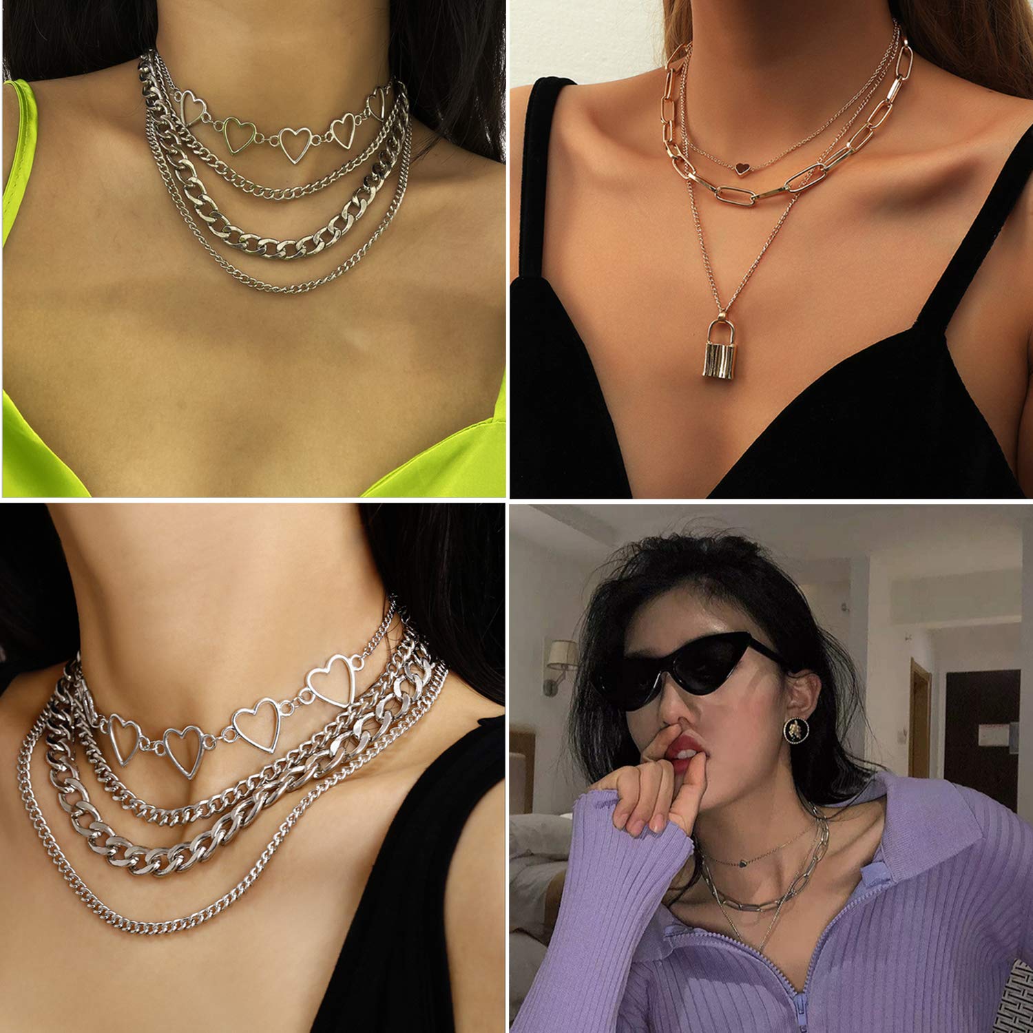 Stylowy zestaw 8 naszyjników punkowych dla kobiet - wielowarstwowy design z kłódką i blokadą - obrazek 5