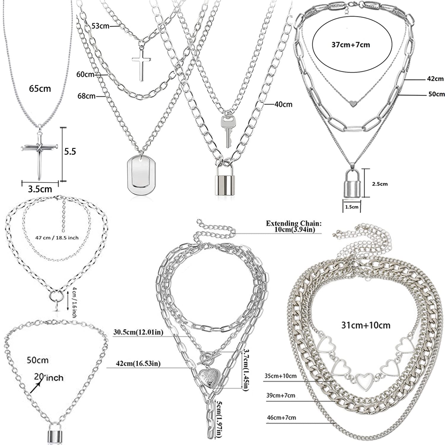 Stylowy zestaw 8 naszyjników punkowych dla kobiet - wielowarstwowy design z kłódką i blokadą - obrazek 8