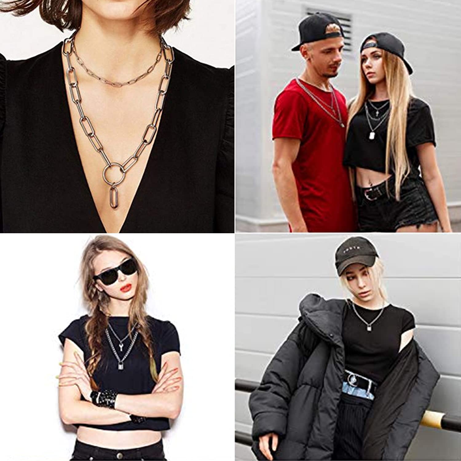 Stylowy zestaw 8 naszyjników punkowych dla kobiet - wielowarstwowy design z kłódką i blokadą - obrazek 6