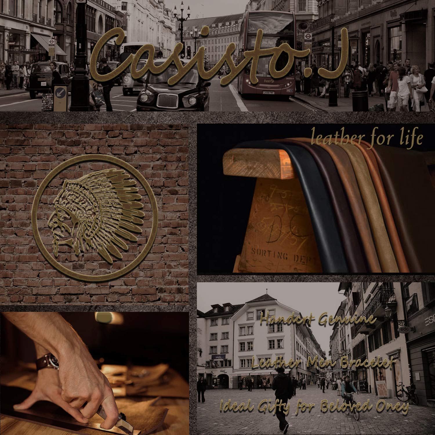 Bransoletka męska skórzana, stal szlachetna od Casisto.J, z grawerunki - obrazek 7