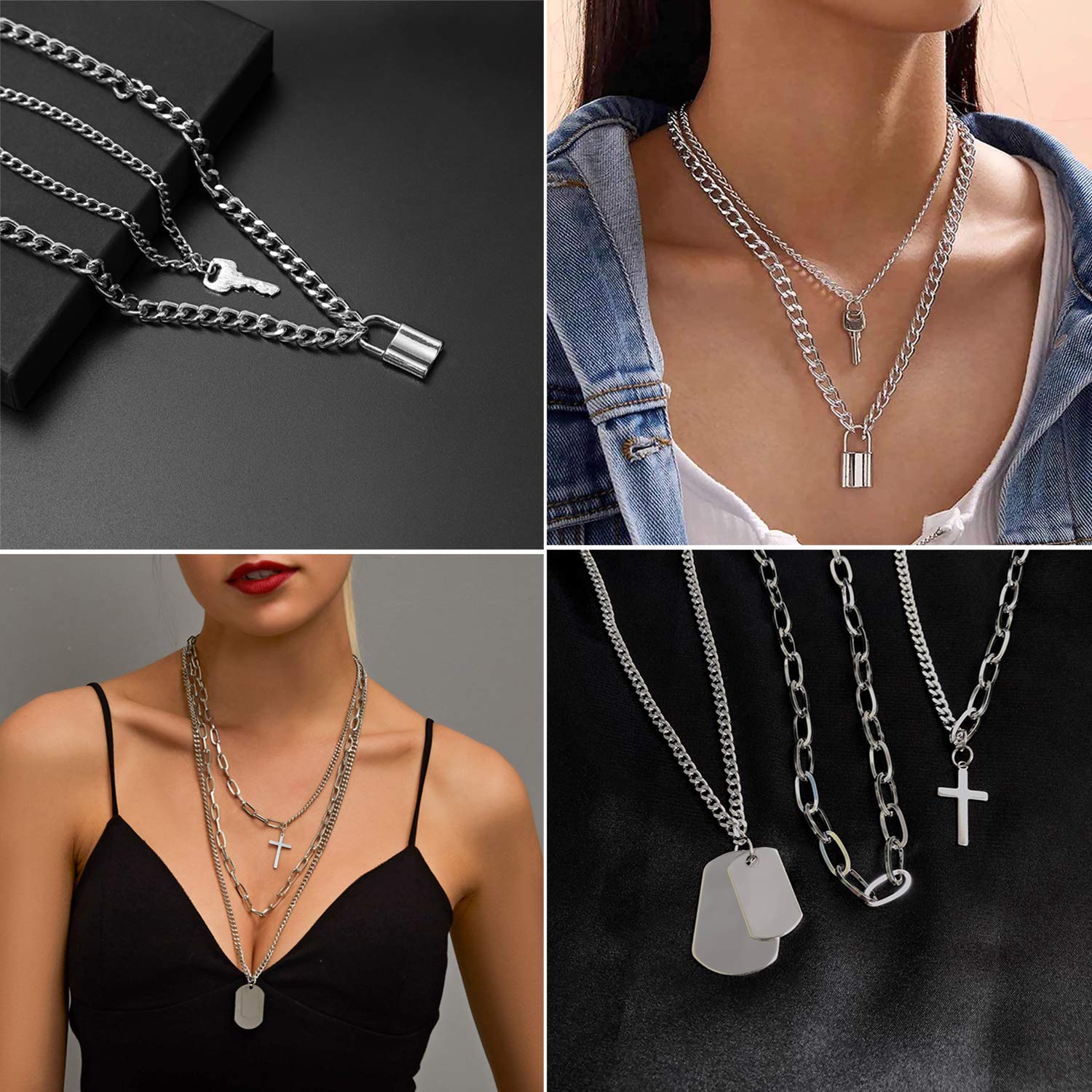 Stylowy zestaw 8 naszyjników punkowych dla kobiet - wielowarstwowy design z kłódką i blokadą - obrazek 3