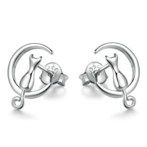 Naszyjnik i kolczyki z motywem kota i księżyca, Srebro, Bez kamieni sz