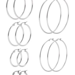 Zestaw 6 par okrągłych kolczyków damskich ze stali nierdzewnej - hipoalergiczne, 6 rozmiarów kreolskie, srebrne, idealne dla kobiet i dziewcząt