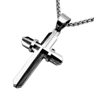 Męski naszyjnik ze stali nierdzewnej z nowoczesnym krzyżykiem - elegancki wisiorek srebrny w aksamitnym woreczku