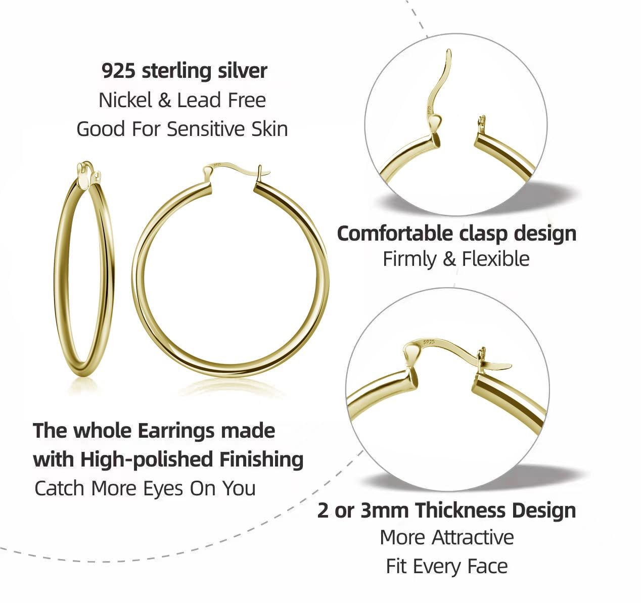 Yxyaolee 925 Sterling Silver Kobiece Kolczyki Hipoalergiczne Złote Kobiece Kolczyki Średnica 25/35/45/60mm - obrazek 6