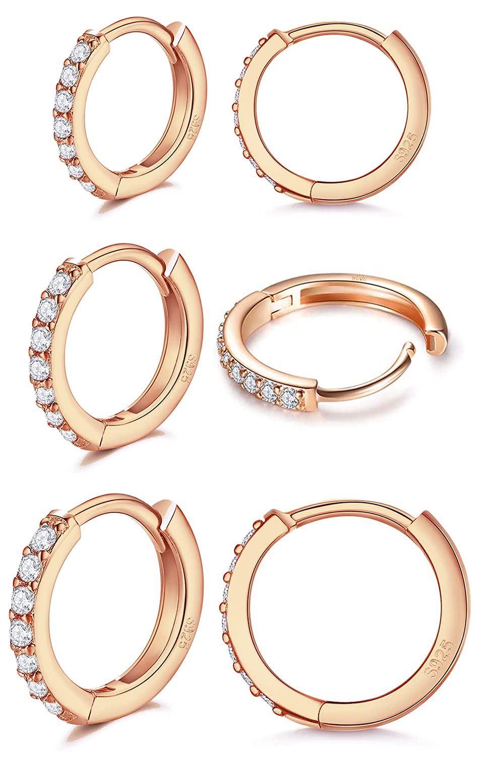 14-karatowe pozłacane kolczyki Huggie z cyrkoniami sześciennymi - zestaw kolczyków do chrząstki z srebra wysokiej próby