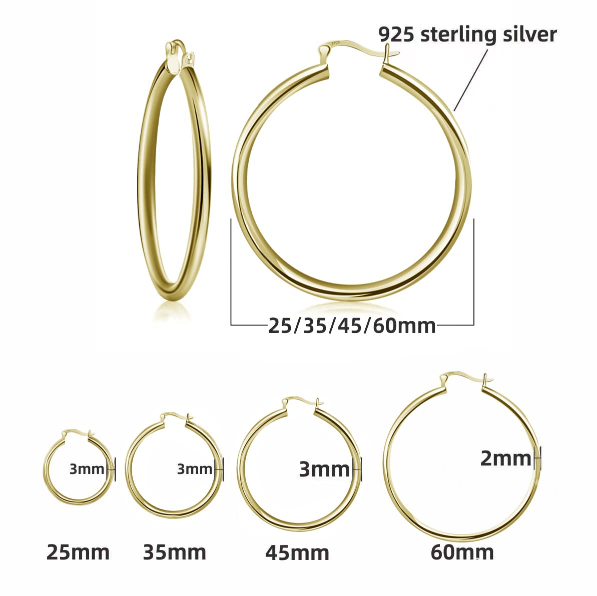 Yxyaolee 925 Sterling Silver Kobiece Kolczyki Hipoalergiczne Złote Kobiece Kolczyki Średnica 25/35/45/60mm - obrazek 7