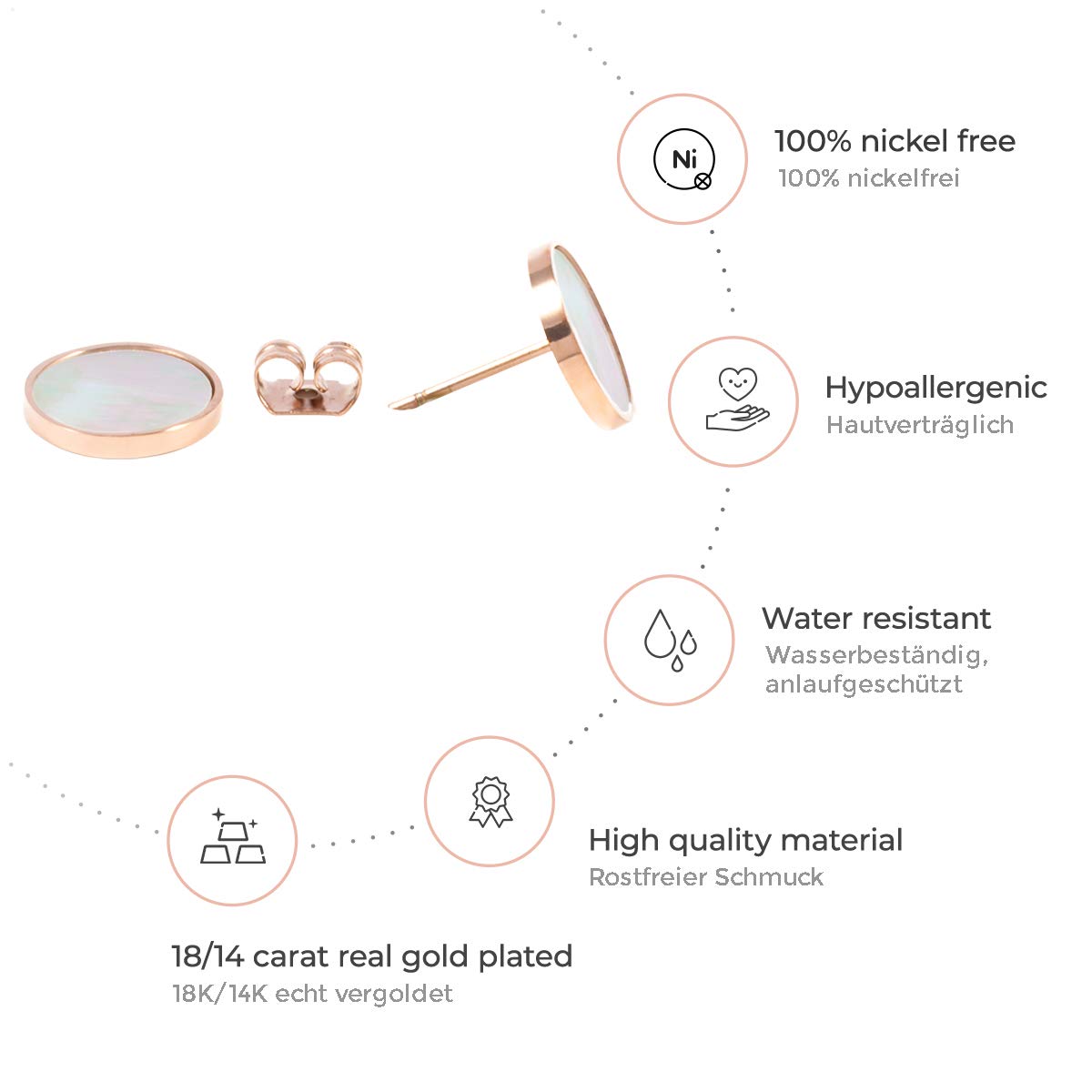 Eleganckie kolczyki damskie w kolorze różowego złota z masy perłowej - biżuteria ze stali nierdzewnej - obrazek 6