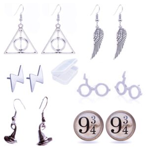 Zestaw 6 złotych kolczyków insygnia śmierci Platforma 9 3/4 - różne style biżuterii z pudełkiem