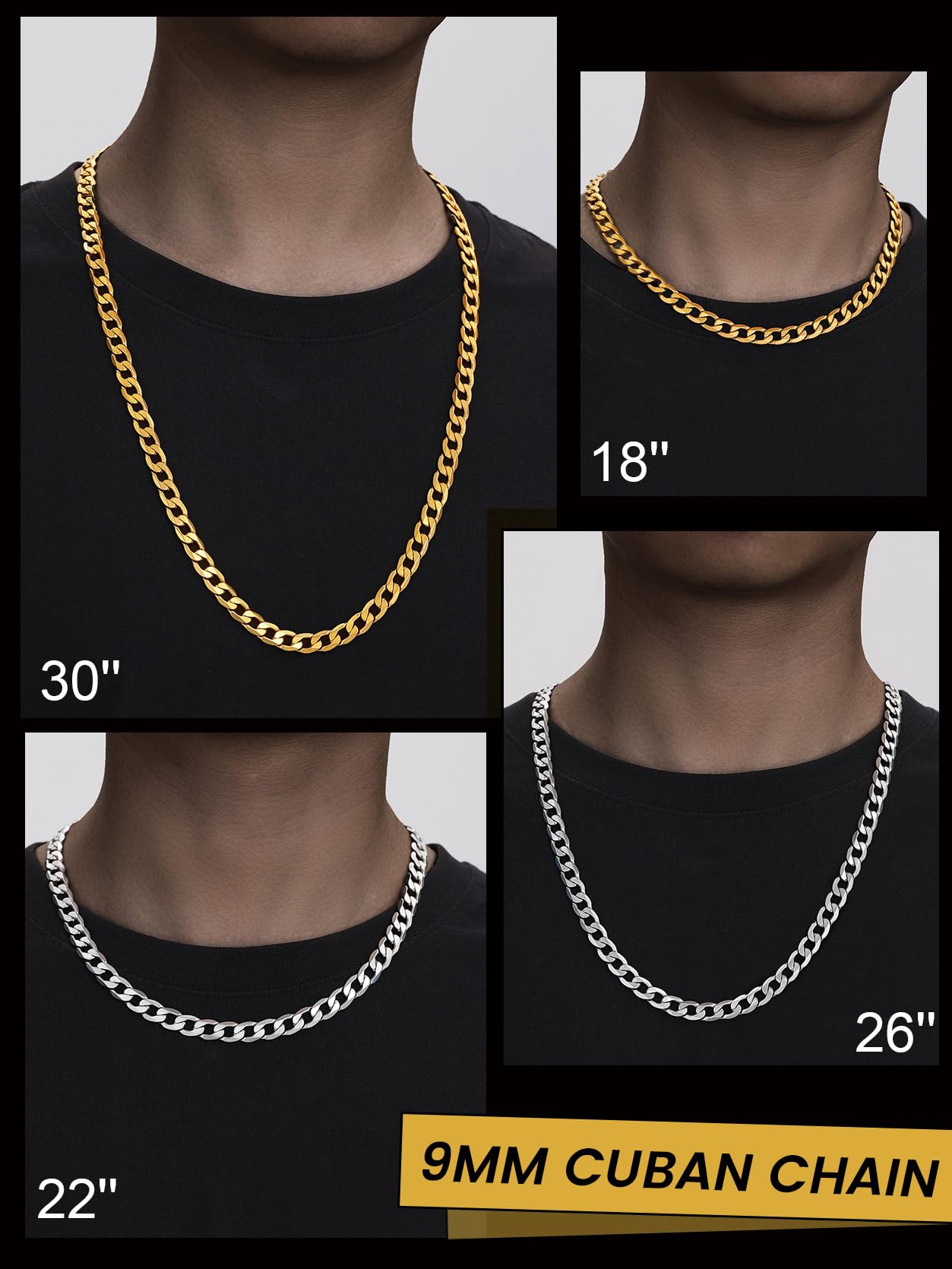 GOLDCHIC JEWELRY Płaski kubański łańcuszek naszyjnik 4 mm/6 mm/9 mm stal nierdzewna 316L dla mężczyzn i kobiet biżuteria hip-hopowa 36 46 51 55 61 66 71 76 cm - obrazek 4