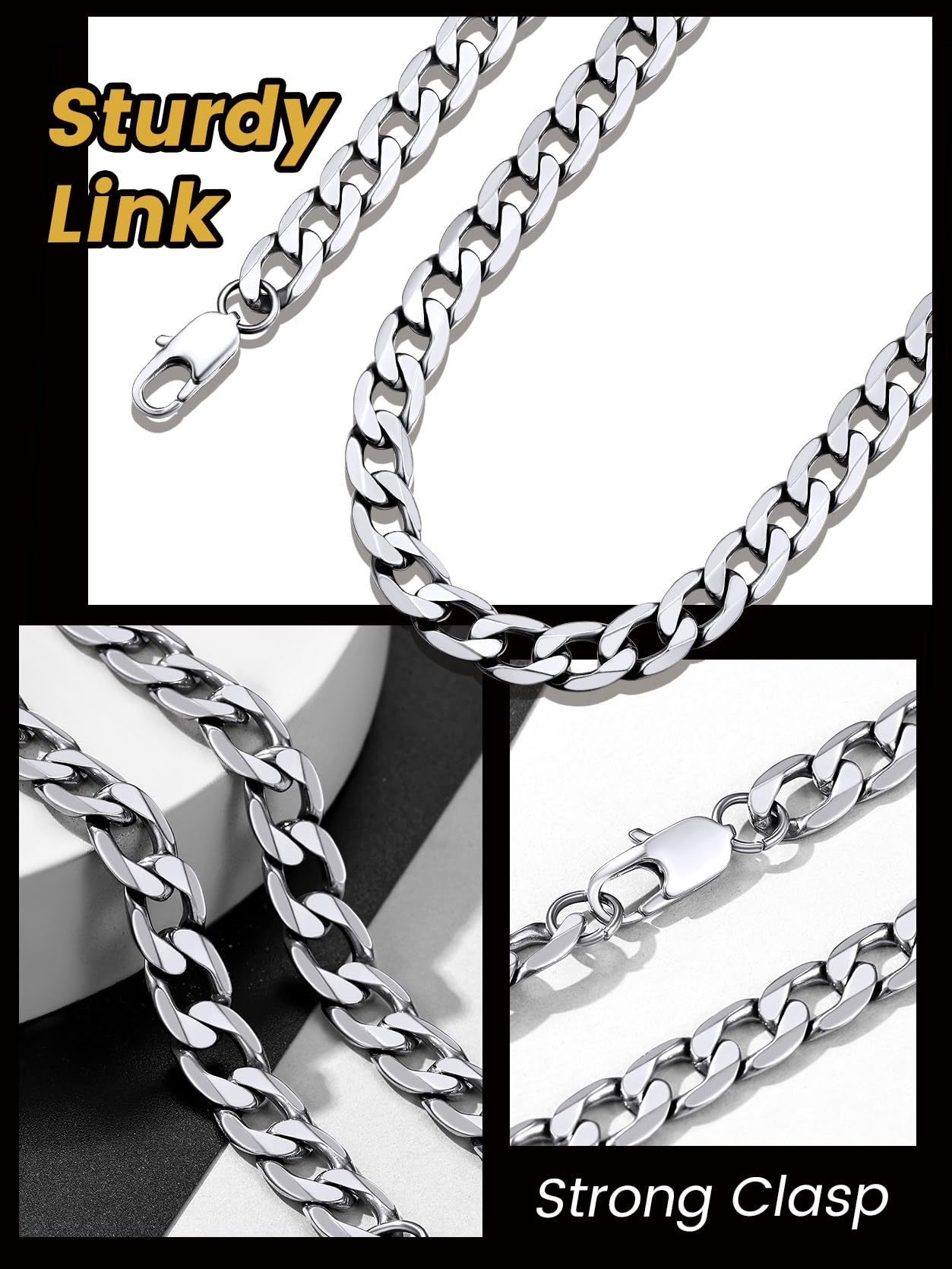 GOLDCHIC JEWELRY Płaski kubański łańcuszek naszyjnik 4 mm/6 mm/9 mm stal nierdzewna 316L dla mężczyzn i kobiet biżuteria hip-hopowa 36 46 51 55 61 66 71 76 cm - obrazek 7