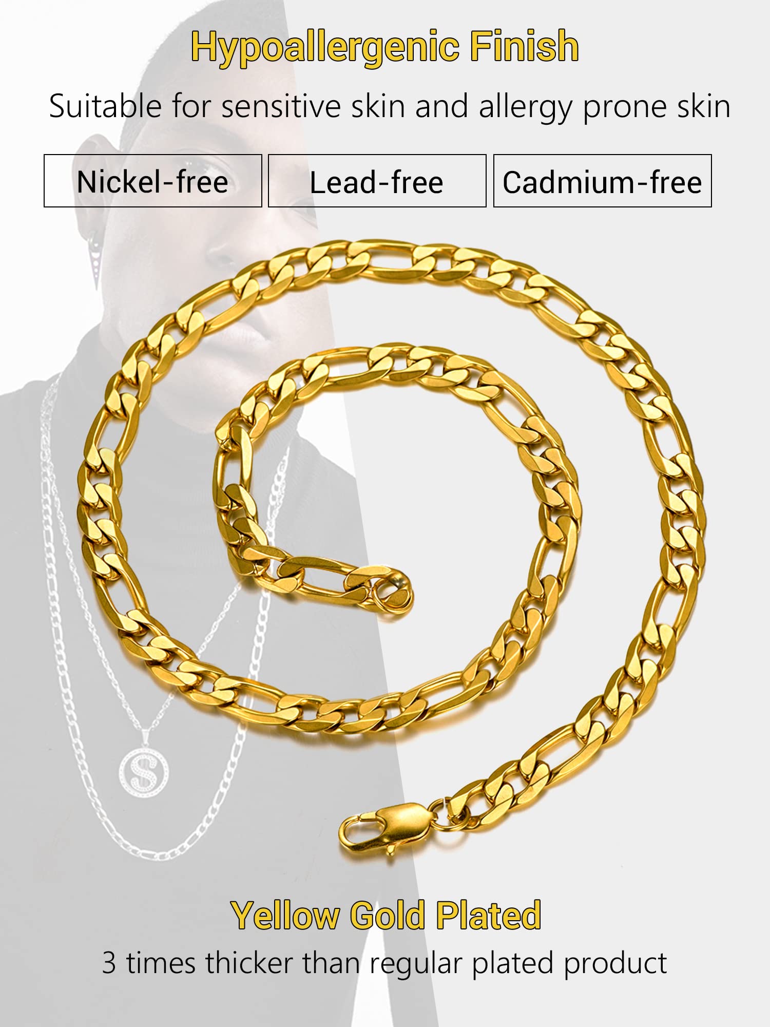 Prosteel Męski naszyjnik klasyczny łańcuszek Figaro 5/6/7/10 mm szerok - obrazek 6