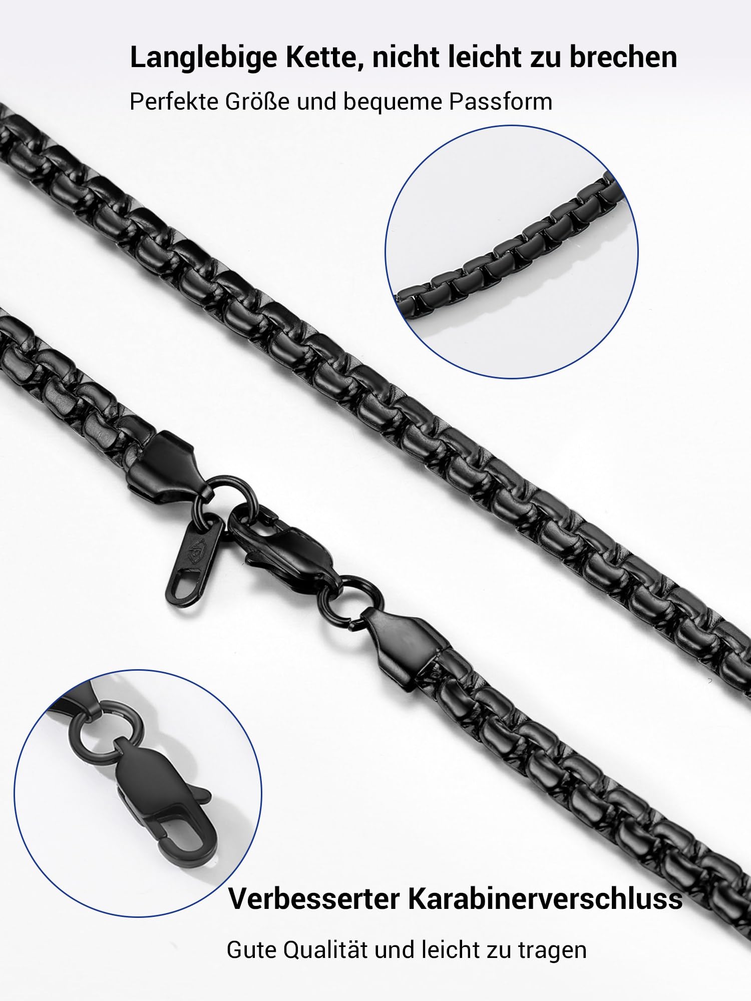 PROSTEEL Męski naszyjnik z łańcuszkiem pszenicy 6 mm czarny/stal nierdzewna 316L / pozłacany 18/20/22/24/66/28/70 cali (z pudełkiem na prezent) - obrazek 6