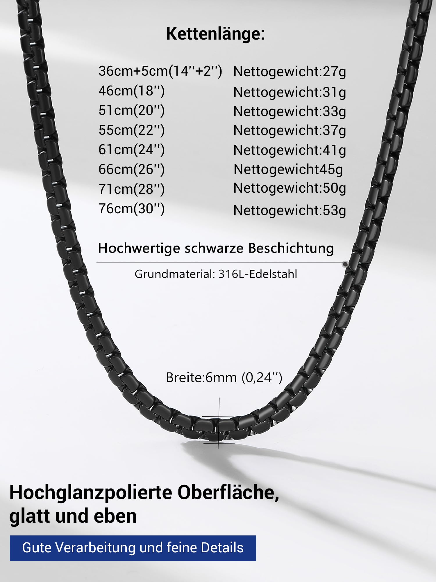 PROSTEEL Męski naszyjnik z łańcuszkiem pszenicy 6 mm czarny/stal nierdzewna 316L / pozłacany 18/20/22/24/66/28/70 cali (z pudełkiem na prezent) - obrazek 4