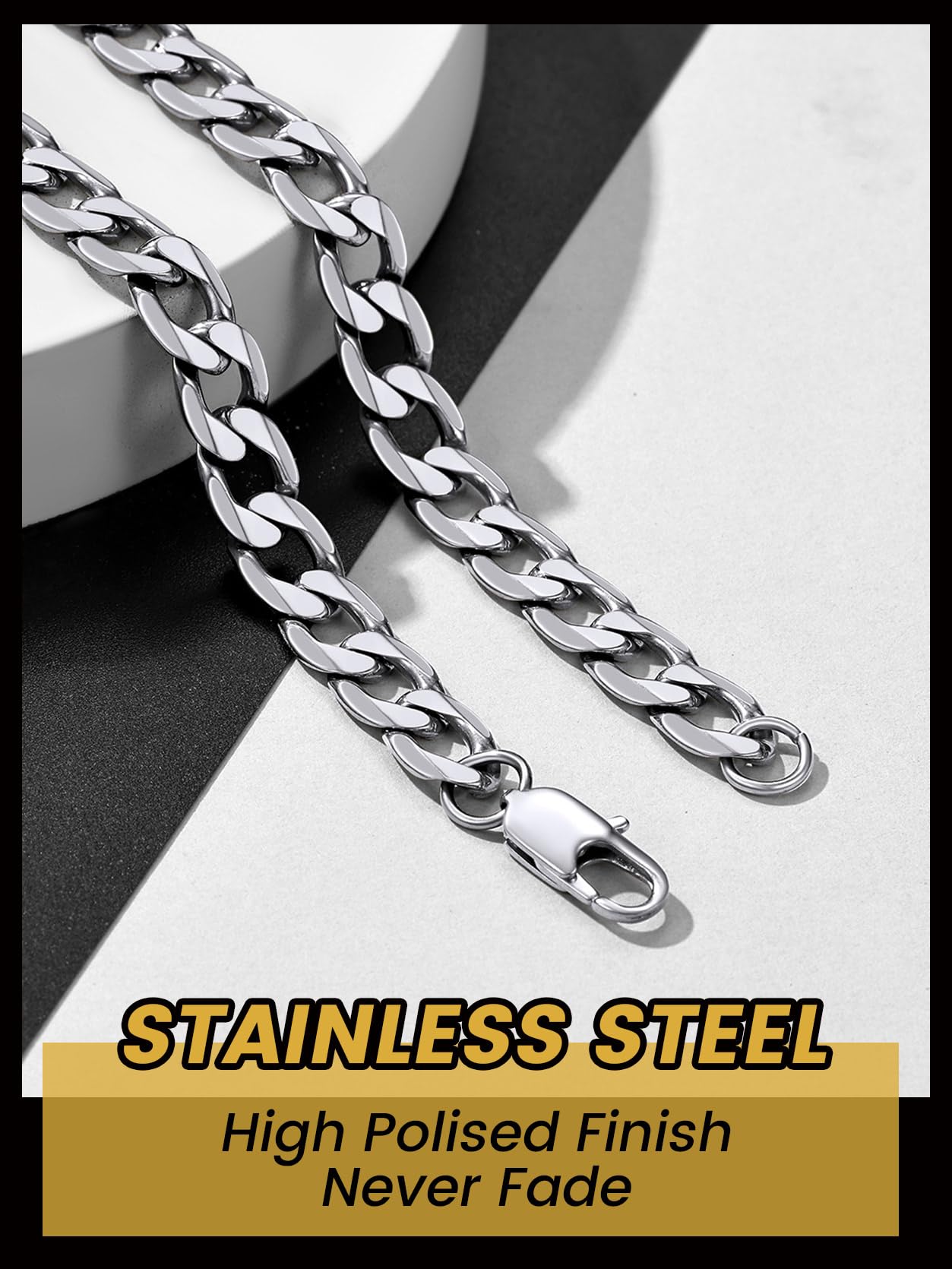 GOLDCHIC JEWELRY Płaski kubański łańcuszek naszyjnik 4 mm/6 mm/9 mm stal nierdzewna 316L dla mężczyzn i kobiet biżuteria hip-hopowa 36 46 51 55 61 66 71 76 cm - obrazek 6