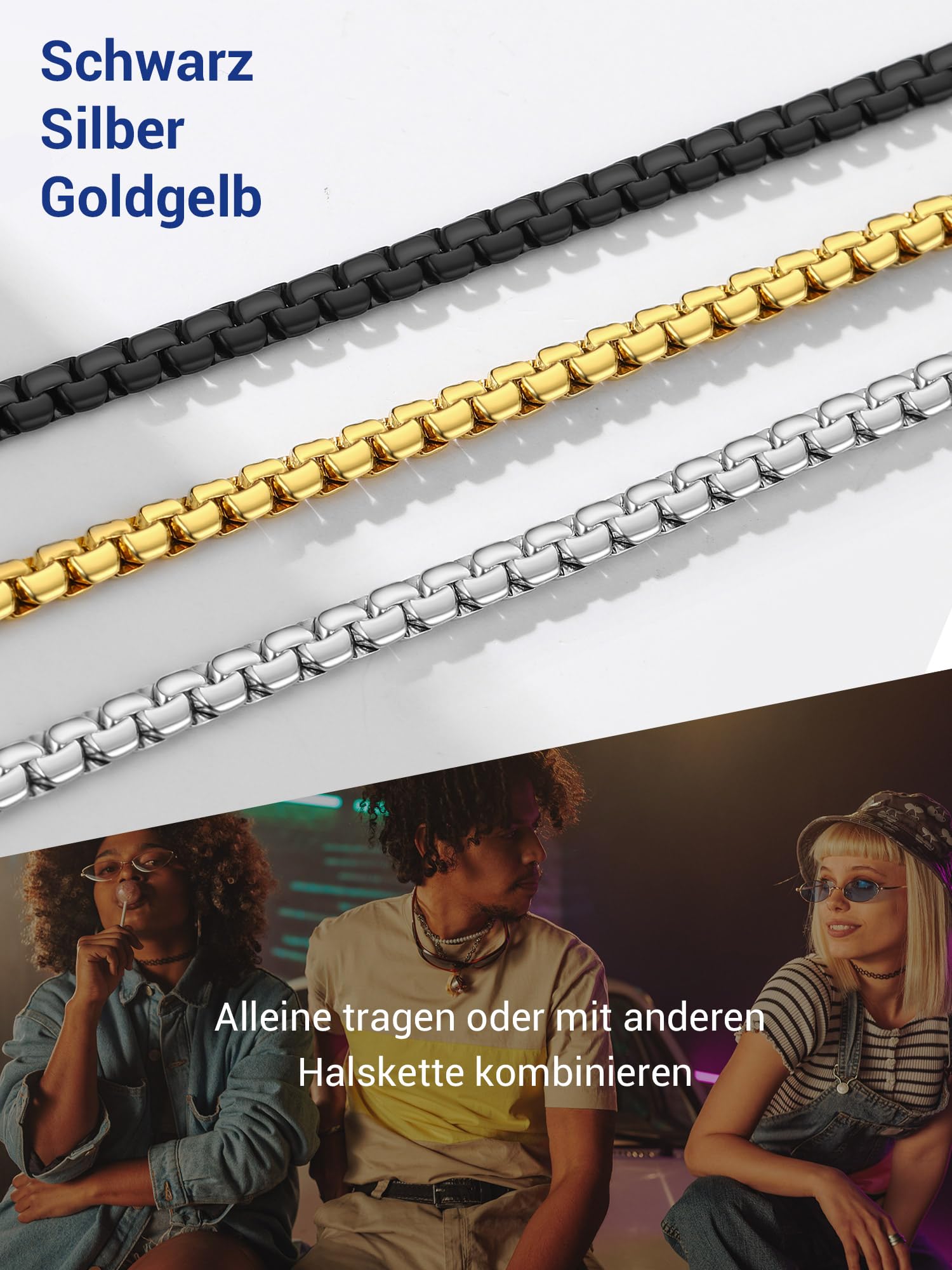 PROSTEEL Męski naszyjnik z łańcuszkiem pszenicy 6 mm czarny/stal nierdzewna 316L / pozłacany 18/20/22/24/66/28/70 cali (z pudełkiem na prezent) - obrazek 3