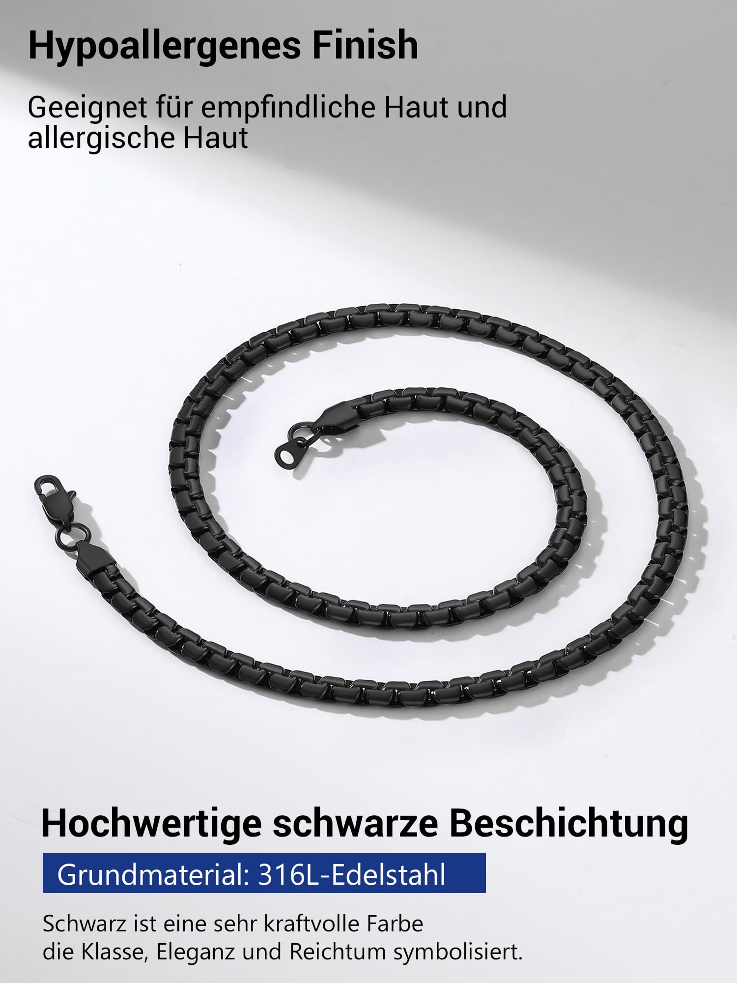 PROSTEEL Męski naszyjnik z łańcuszkiem pszenicy 6 mm czarny/stal nierdzewna 316L / pozłacany 18/20/22/24/66/28/70 cali (z pudełkiem na prezent) - obrazek 7
