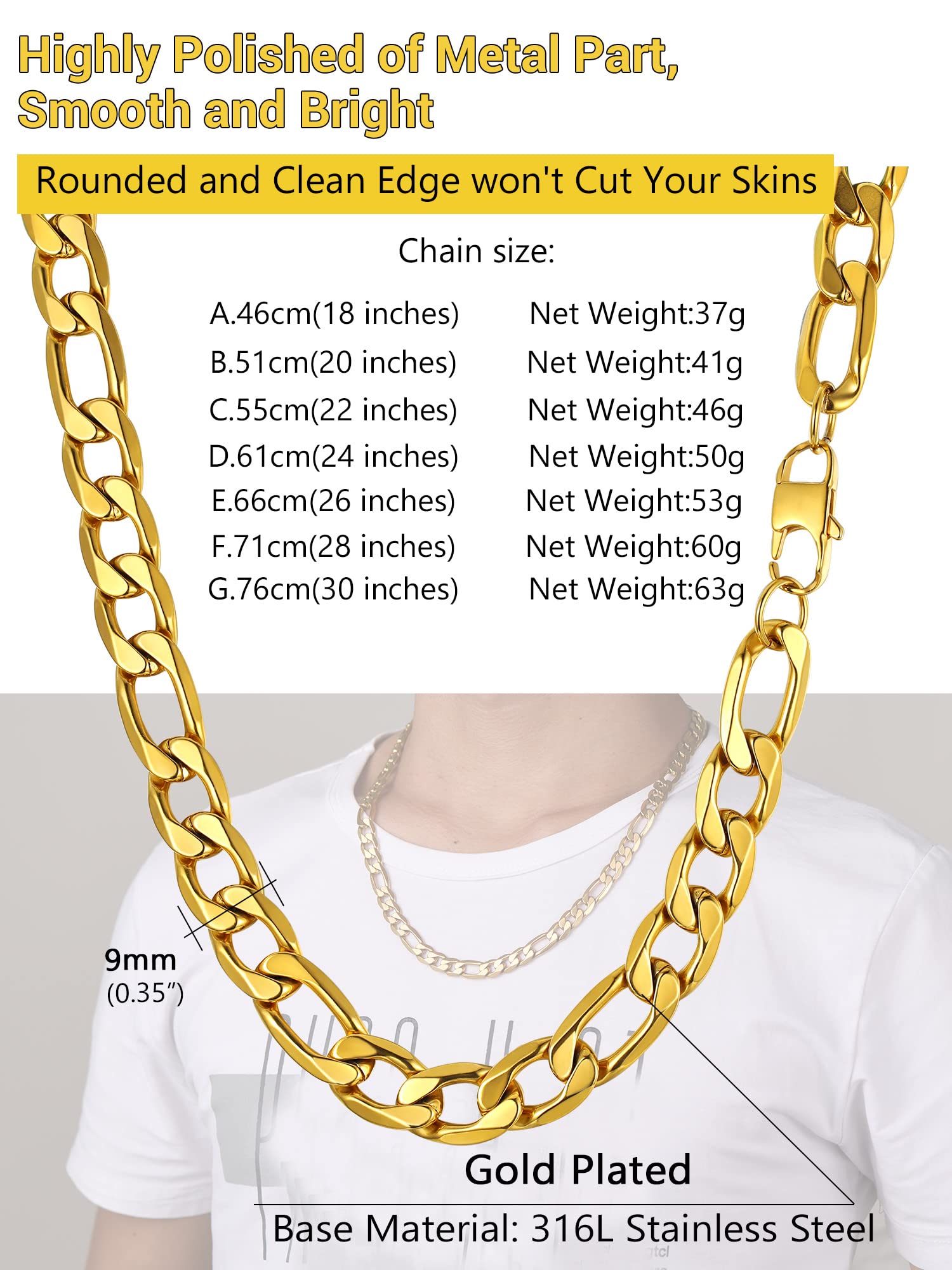 Prosteel Męski naszyjnik klasyczny łańcuszek Figaro 5/6/7/10 mm szerok - obrazek 4