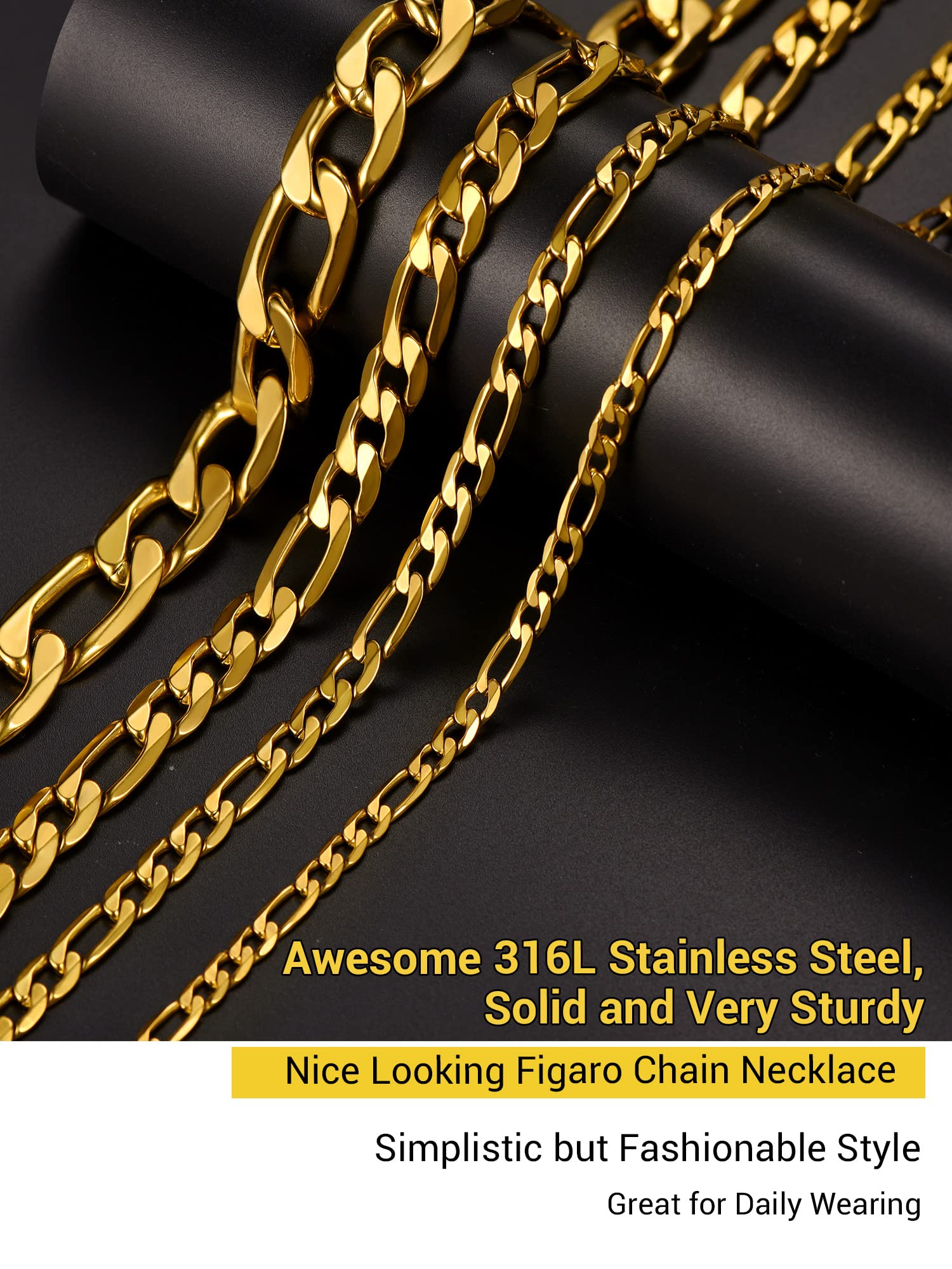 Prosteel Męski naszyjnik klasyczny łańcuszek Figaro 5/6/7/10 mm szerok - obrazek 3