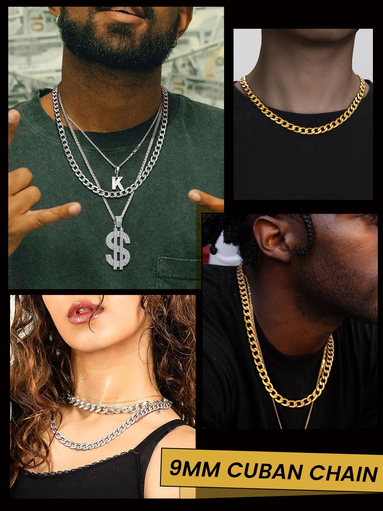 GOLDCHIC JEWELRY Płaski kubański łańcuszek naszyjnik 4 mm/6 mm/9 mm stal nierdzewna 316L dla mężczyzn i kobiet biżuteria hip-hopowa 36 46 51 55 61 66 71 76 cm - obrazek 8
