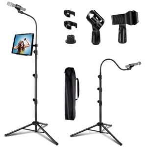 LIUGAST Portable Microphone Stand with Phone Holder - Adjustable Goose Neck Mic Stand (8-16ft) with 2 Standard Mic Clips, Black