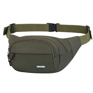 Bumbags dla kobiet i mężczyzn torba na talię z regulowanym elastycznym paskiem 5 kieszeni z zamkiem błyskawicznym wodoodporna do biegania chodzenia biegania wędrówek podróży i aktywności na świeżym powietrzu Oliwka 26 x 21x 17 cm