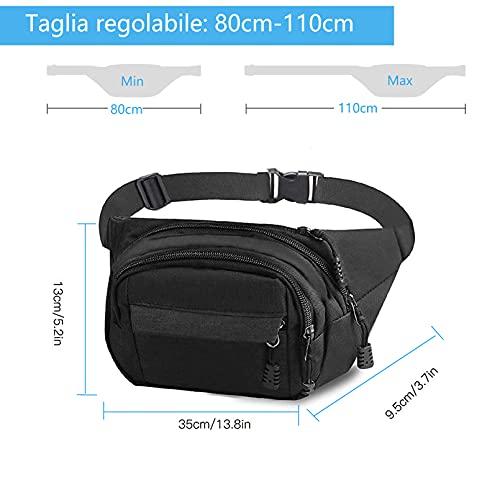 Torba na pasek duża pojemność 4 kieszenie zapinane na zamek błyskawiczny wodoszczelna torba na biodra damska i męska torba na brzuch do uprawiania sportu podróży wędrówek (czarna) - obrazek 9