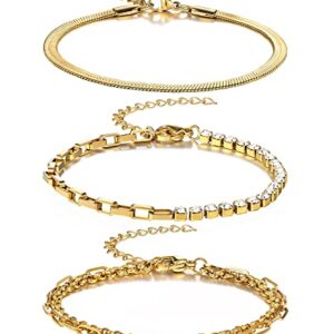 Zestaw bransoletek łańcuszkowych Emibele dla kobiet i dziewcząt - 3 sztuki, pozłacane 18K złotem, regulowane, warstwowe, stal nierdzewna, delikatne bransoletki, modny prezent dla damskiej biżuterii