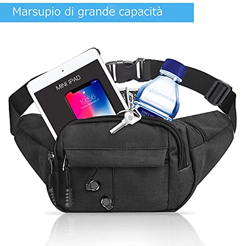 Torba na pasek duża pojemność 4 kieszenie zapinane na zamek błyskawiczny wodoszczelna torba na biodra damska i męska torba na brzuch do uprawiania sportu podróży wędrówek (czarna) - obrazek 8