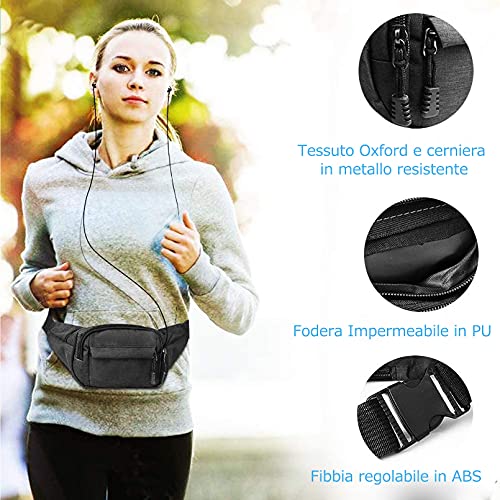 Torba na pasek duża pojemność 4 kieszenie zapinane na zamek błyskawiczny wodoszczelna torba na biodra damska i męska torba na brzuch do uprawiania sportu podróży wędrówek (czarna) - obrazek 6