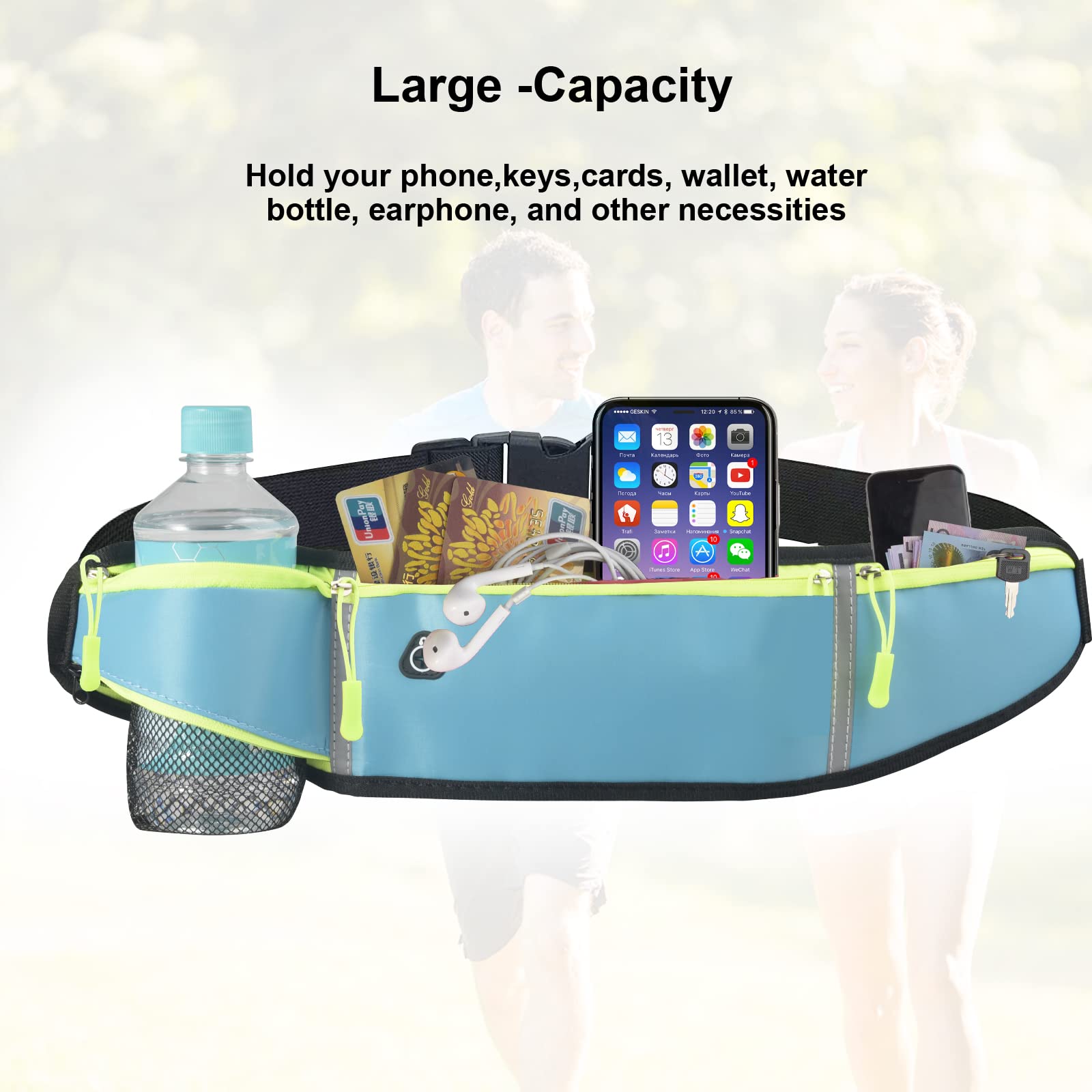 Pasek do biegania z butelką do picia dla kobiet i mężczyzn wodoszczelny regulowana kieszeń na brzuchu lekki pasek do biegania na telefon komórkowy 66 cala do uprawiania sportu fitnessu biegania wspinaczki górskiej niebieski Einheitsgröße - obrazek 4