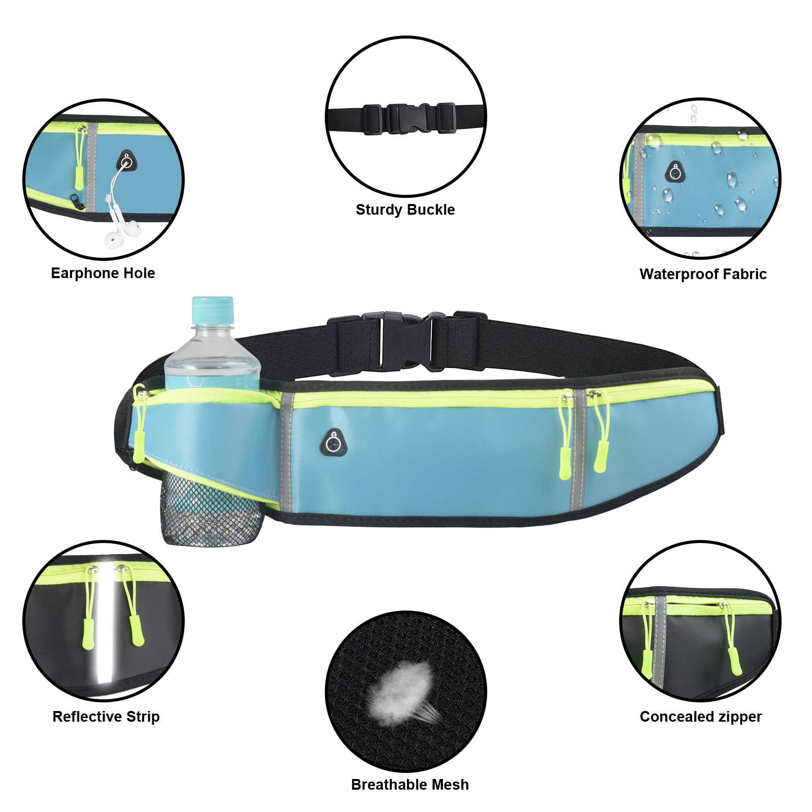 Pasek do biegania z butelką do picia dla kobiet i mężczyzn wodoszczelny regulowana kieszeń na brzuchu lekki pasek do biegania na telefon komórkowy 66 cala do uprawiania sportu fitnessu biegania wspinaczki górskiej niebieski Einheitsgröße - obrazek 3