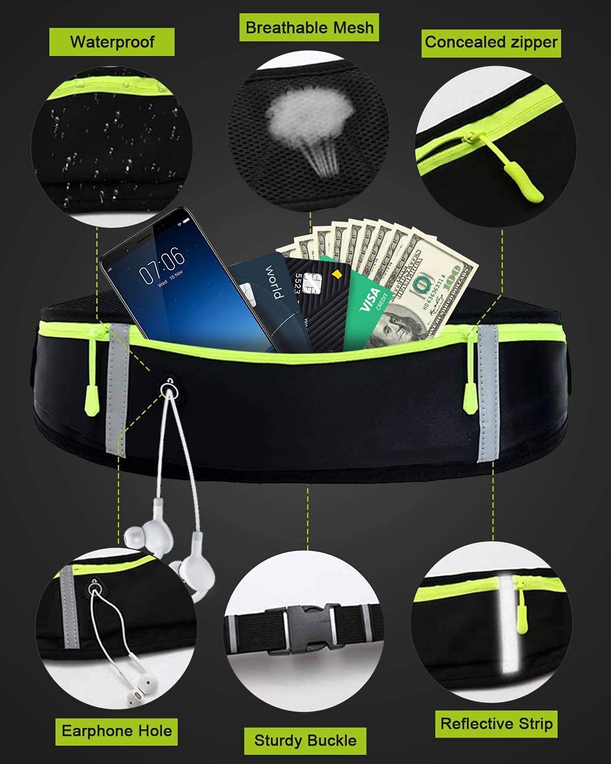 Pas do biegania modna saszetka na biodro wodoodporna saszetka dla mężczyzn i kobiet odpowiednia dla mężczyzn i kobiet biegających z telefonami komórkowymi Czarny nie (no) - obrazek 4