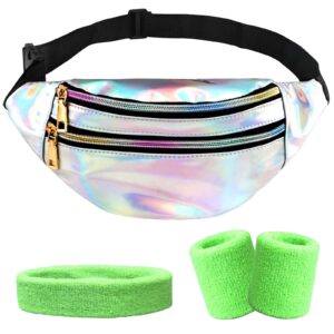 4 sztuki damskich saszetek na pasku z poliuretanu (PU) z lat 90. torebka na pasku metaliczna torba na pasek laserowa ze skóry PU z szynami na ramiona i opaską na czoło na imprezę festiwal sport do aktywności na świeżym powietrzu laserowy srebrny zielony fasion