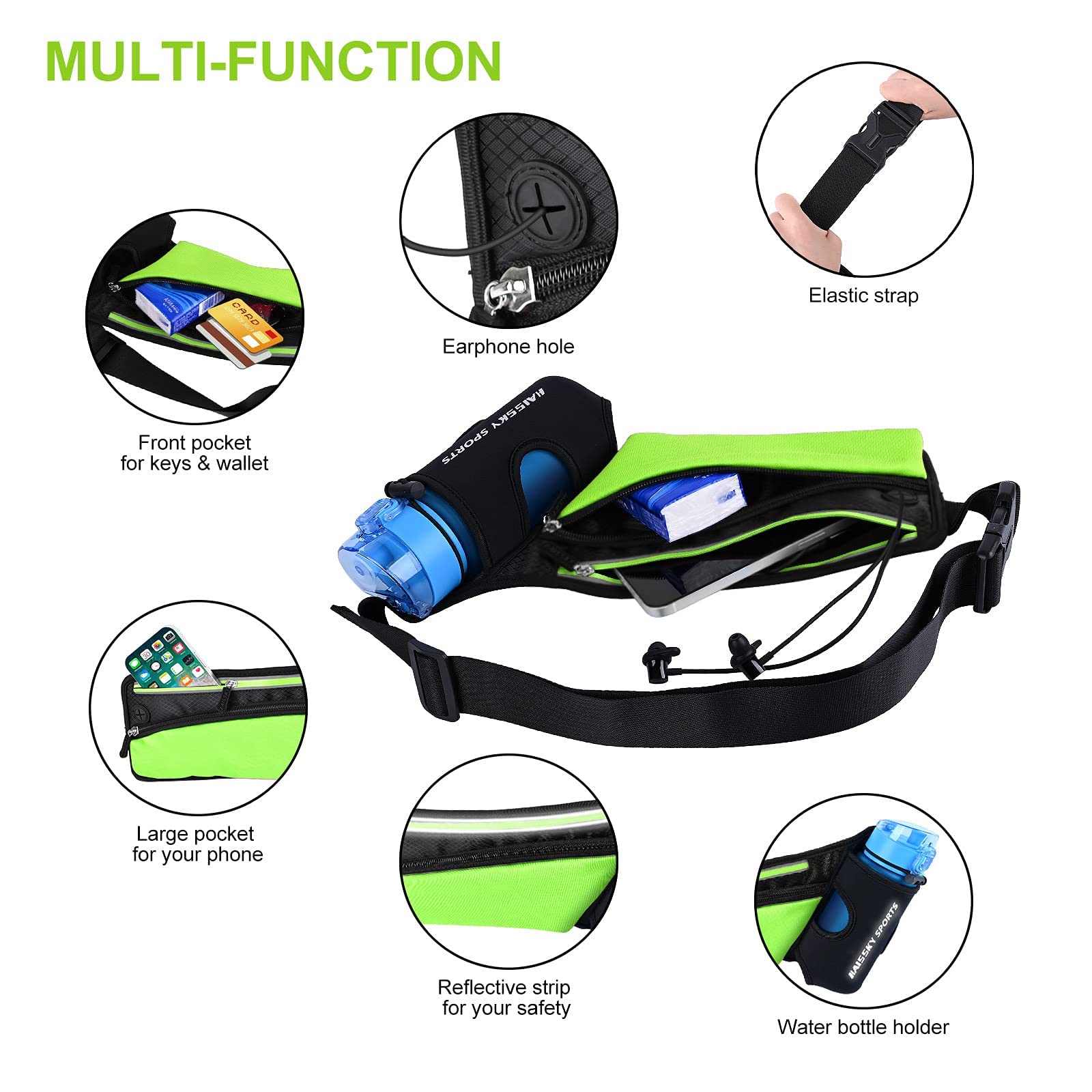 Haissky Pas do biegania z uchwytem na butelkę wody, fitness, wodoodpor - obrazek 8