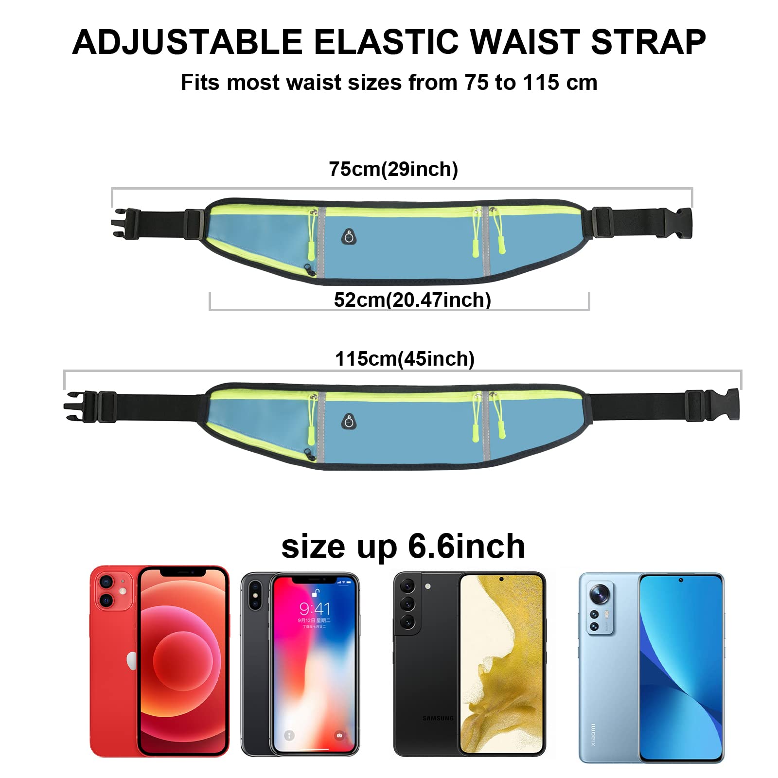 Pasek do biegania z butelką do picia dla kobiet i mężczyzn wodoszczelny regulowana kieszeń na brzuchu lekki pasek do biegania na telefon komórkowy 66 cala do uprawiania sportu fitnessu biegania wspinaczki górskiej niebieski Einheitsgröße - obrazek 6