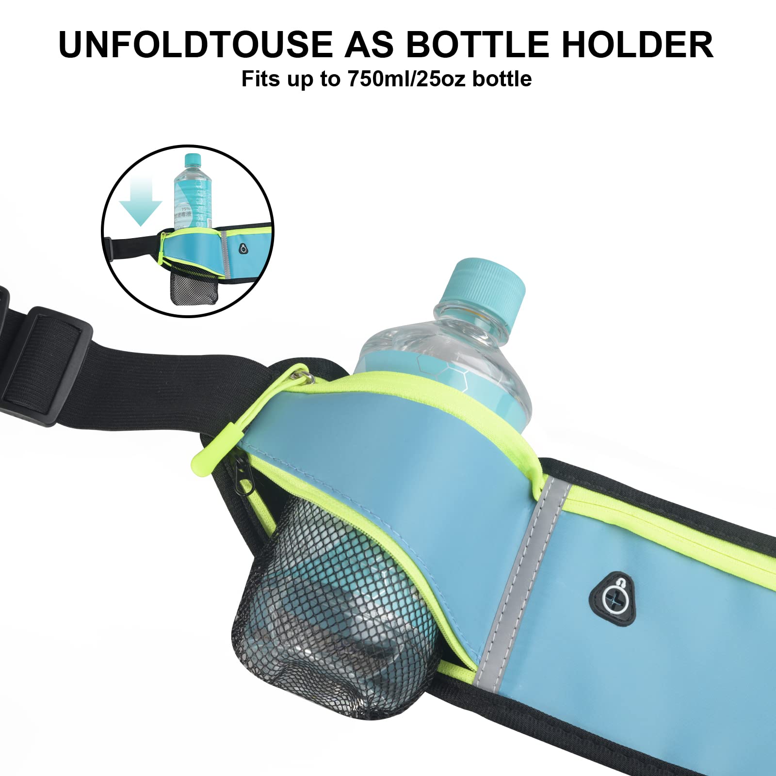 Pasek do biegania z butelką do picia dla kobiet i mężczyzn wodoszczelny regulowana kieszeń na brzuchu lekki pasek do biegania na telefon komórkowy 66 cala do uprawiania sportu fitnessu biegania wspinaczki górskiej niebieski Einheitsgröße - obrazek 7