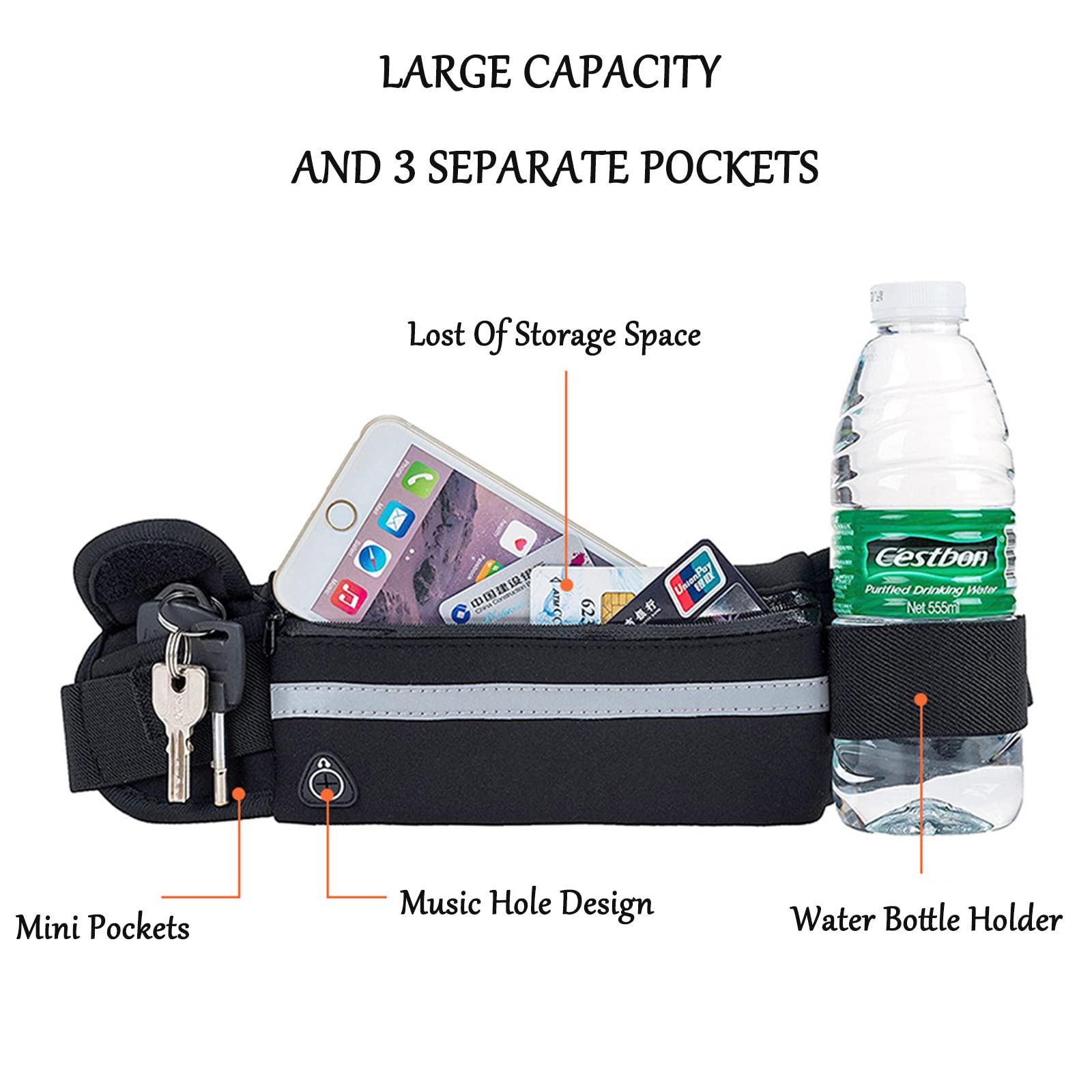Pas Do Biegania Sportowa Lekka Torba Biodrowa z Uchwytem Na Butelkę Wody Pas Do Biegania z Regulowanym Elastycznym Paskiem Kieszeń Biodrowa z Otworem Na Słuchawki i Taśmą Odblaskową Na Noc Do Joggingu Fitnessu Jazdy Na Rowerze 2 Szt - obrazek 6
