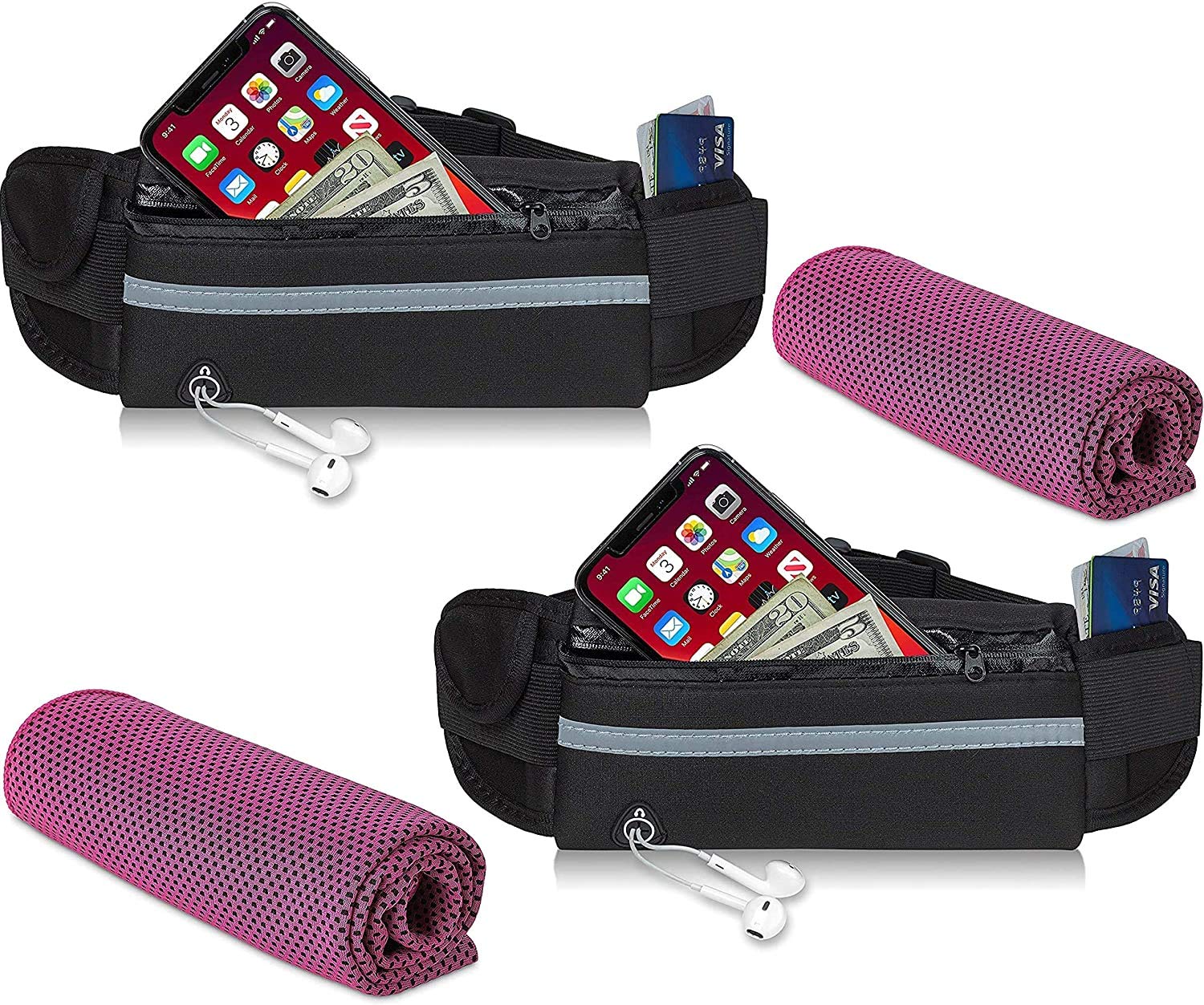 Pasy do biegania dla kobiet i mężczyzn - 2 opakowania + 2 ręczniki sportowe z mikrofibry chłodzące - regulowany pas na butelkę z wodą lekki uchwyt na telefon pas na pieniądze do biegania treningów jazdy na rowerze ...