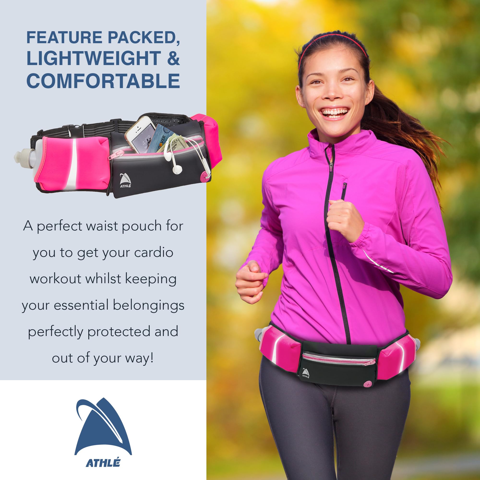 Sportowy pas do biegania - 2 305 ml butelki na wodę duża kieszonka na nerkę pasuje do wszystkich telefonów i portfela zapięcia na szelkach regulowany jeden rozmiar pasuje do wszystkich pasków klips na klucze odblaskowy 360° - niebieska prędkość skrzydła - obrazek 2