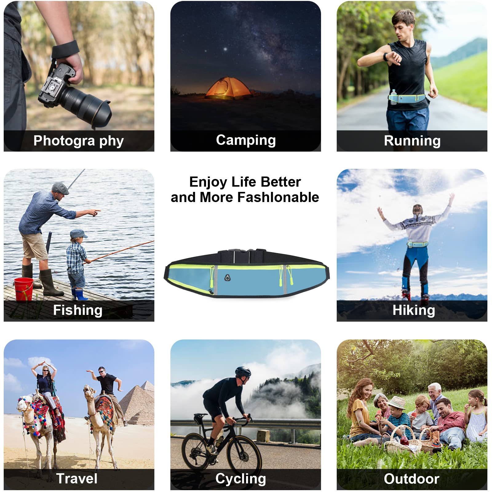 Pasek do biegania z butelką do picia dla kobiet i mężczyzn wodoszczelny regulowana kieszeń na brzuchu lekki pasek do biegania na telefon komórkowy 66 cala do uprawiania sportu fitnessu biegania wspinaczki górskiej niebieski Einheitsgröße - obrazek 2