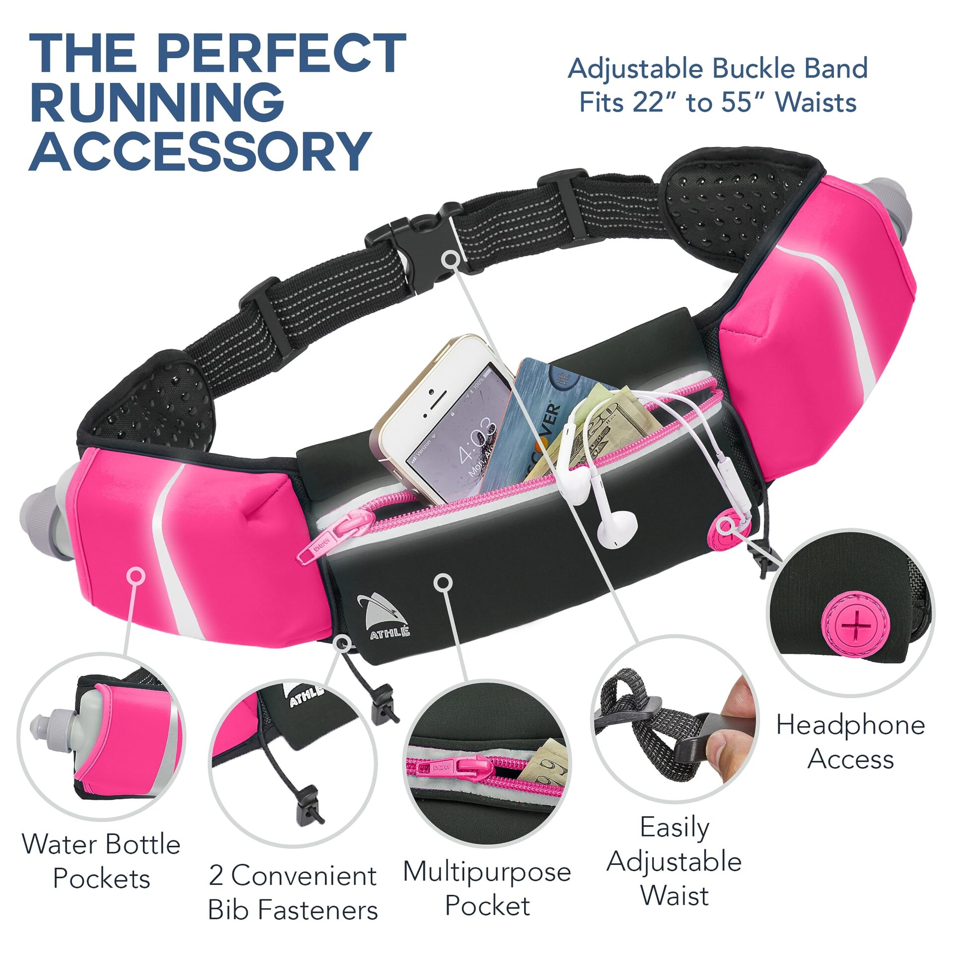 Sportowy pas do biegania - 2 305 ml butelki na wodę duża kieszonka na nerkę pasuje do wszystkich telefonów i portfela zapięcia na szelkach regulowany jeden rozmiar pasuje do wszystkich pasków klips na klucze odblaskowy 360° - niebieska prędkość skrzydła - obrazek 6