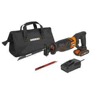 WORX WX500 Akumulatorowa Piła Szablasta 20V - Cięcie Drewna PCW Stali - Regulowana Płyta Nożna - Z Akumulatorem 20V 2Ah - Szybka Ładowarka