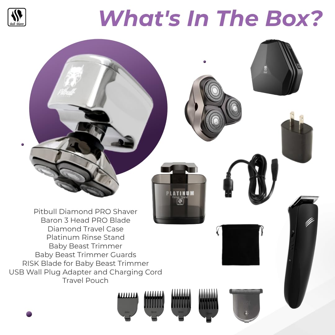 Golarka do głowy i twarzy Skull Shaver Pitbull Diamond PRO - prezent świąteczny dla mężczyzn, elektryczna maszynka do golenia z etui podróżnym, trymerem i wodoodpornością - obrazek 5