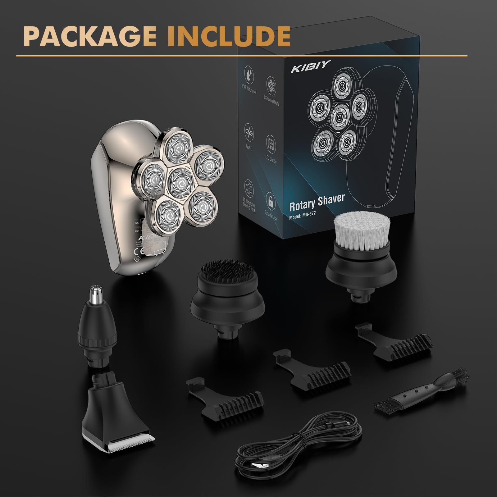 Golarka elektryczna do łysienia 5w1 z 6 obrotowymi głowicami IPX7 - zestaw do pielęgnacji brody i włosów - obrazek 2